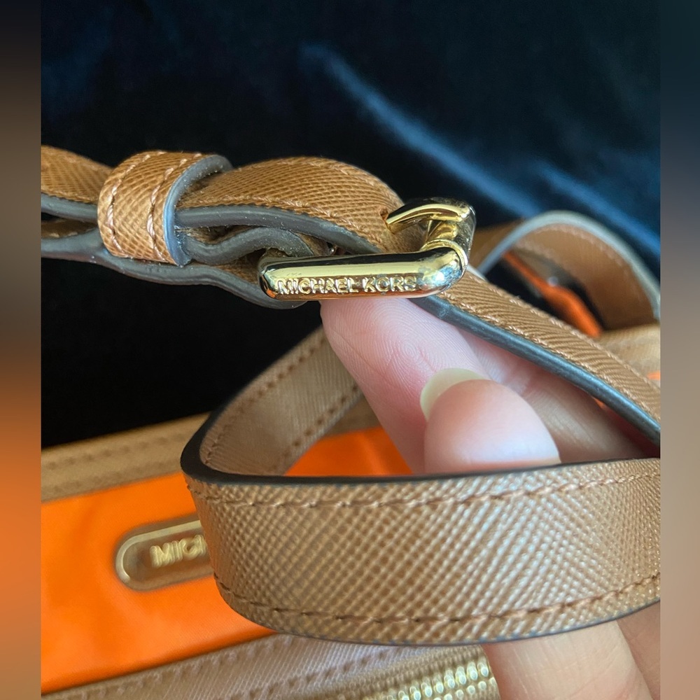 Michael Kors Kempton Orange Nylon British Tan Leather Pocket Crossbody Bag - Picture 5 of 14